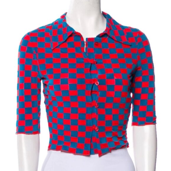 ROTATE Birger Christensen Miranda Red/Blue Mesh/Velvet Plaid CroppedShirt M $270 - Picture 2 of 14
